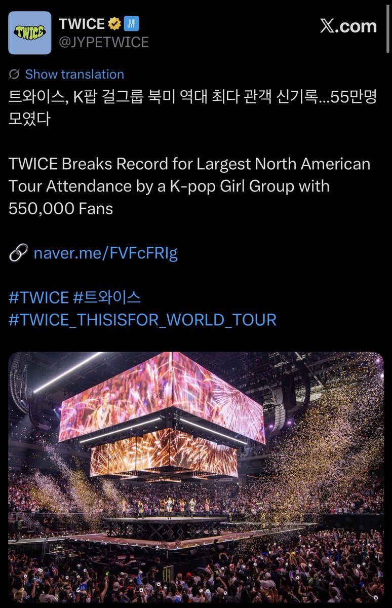 myxtw9's tweet photo. I keep seeing other tours in NA being canceled and i need yall to realize that TWICE selling 550K tickets for this tour in this economy is a HUGE achievement https://t.co/8LlDaxCiFz