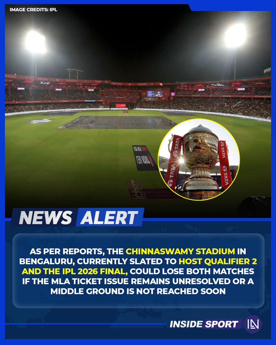 InsideSportIND's tweet image. The M. Chinnaswamy Stadium in Bengaluru, which is supposed to host Qualifier 2 and the IPL 2026 final, may be stripped of both matches if a resolution to the MLA ticket issue isn’t reached 🏏

Source: Vipul Kashyap/ANI

#IPL #IPL2026 #Bengaluru #CricketTwitter