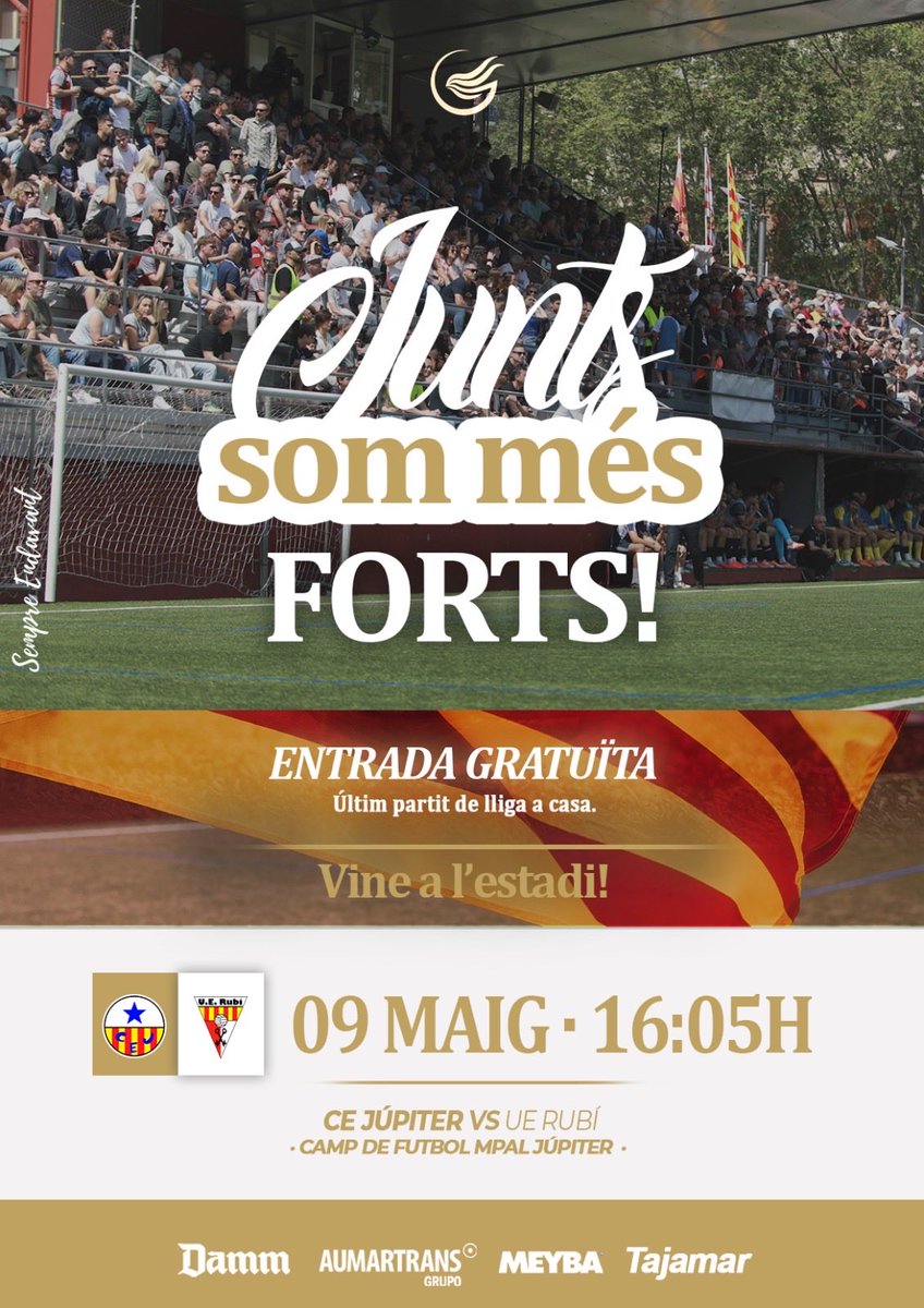 𝐓𝐎𝐓𝐇𝐎𝐌 𝐀 𝐋𝐀 𝐕𝐄𝐑𝐍𝐄𝐃𝐀! 💪

👉 Afició, aquest proper dissabte (16:05h) juguem l’últim partit de lliga a casa I hem de tornar a omplir l’estadi! 

📅 Dissabte 9 de maig
🆚 <a href="/UERubi/">Unió Esportiva Rubí</a> 
⌚️ 16:05h
🏟️ CFM Júpiter

🎟️ ENTRADA GRATUÏTA

Necessitem els 3 punts i només els