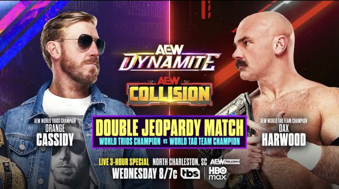 JoeScottMFC's tweet image. Tomorrow @AEW #AEWDynamite + #AEWCollision 

Double Jeopardy Match
@orangecassidy v Dax Harwood