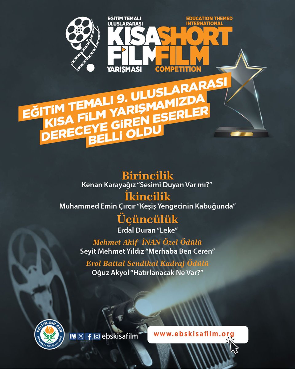 EĞİTİM TEMALI 9. ULUSLARARASI KISA FİLM YARIŞMAMIZDA DERECEYE GİREN ESERLER BELLİ OLDU

9. Uluslararası Kısa Film Yarışmamızın sonuçları açıklandı.

Yönetmen ve senarist İsmail Güneş başkanlığında sinemanın usta isimleri Bedir Acar, Enver Gülşen, Mutlu Kurnalı, Yeşim Tonbaz ve