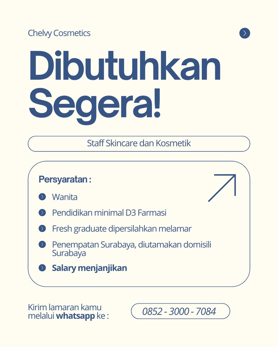 Hi, untuk teman teman yang domisili Surabaya Chelvy lagi open lowongan kerja di posisi Staff nih 💜
untuk kontak dan persyaratannya kami cantumkan di pic tertera ya 🥰 

thank you 😊

#loker #lokersby #lowongankerja