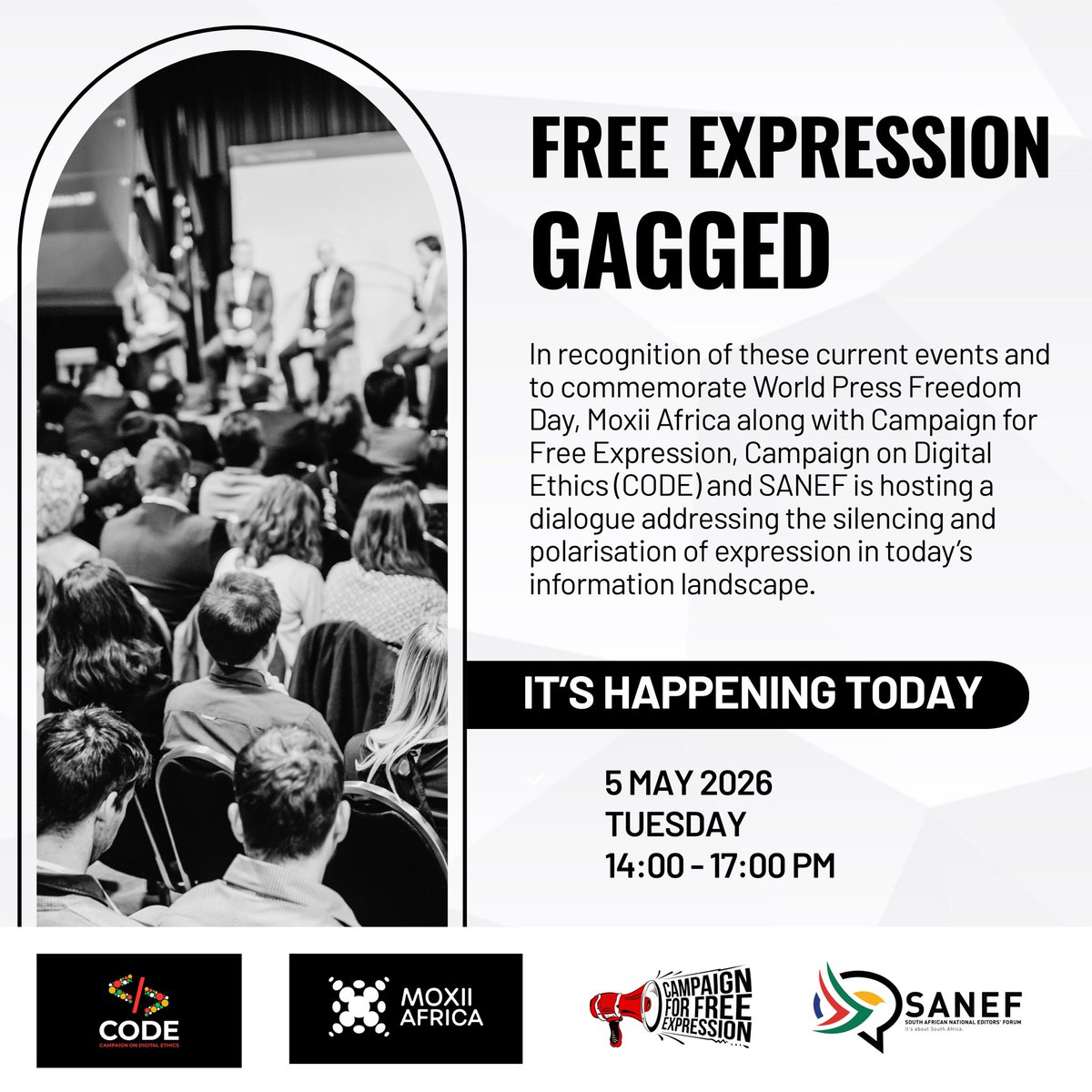 moxiiafrica's tweet image. [HAPPENING TODAY] Free Expression Gagged event 📆

Join Moxii Africa, @SAEditorsForum , @CODE_DigiEthics and @_FreeExpression for a World Press Freedom Day Commemoration. 

Venue : We Work, Rosebank
Time : 14:00 - 17:00 
Zoom link : ow.ly/3gk850YUteG

#gagged #journalism