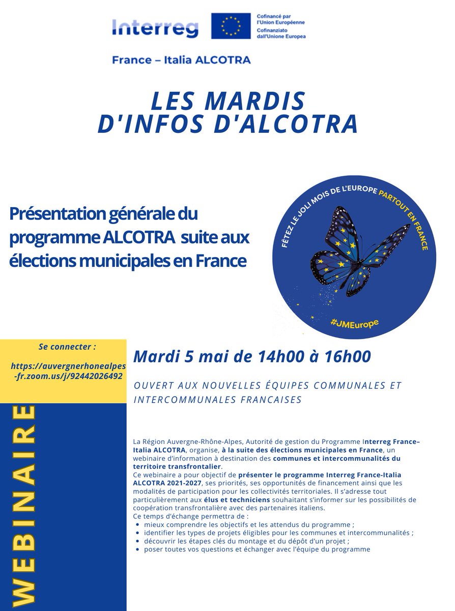InterregALCOTRA's tweet photo. 📢 𝐑𝐞𝐧𝐝𝐞𝐳-𝐯𝐨𝐮𝐬 𝐝𝐚𝐧𝐬 𝐪𝐮𝐞𝐥𝐪𝐮𝐞𝐬 𝐡𝐞𝐮𝐫𝐞𝐬 !
🟦 Webinaire #ALCOTRA 2021-2027
📅 Aujourd’hui | 14h–16h
👉 Financements &amp; coopération 🇫🇷🇮🇹 pour collectivités
🔗 https://t.co/K10yRa81OR
✅ Connectez-vous ! https://t.co/wHKpjY9qrX
