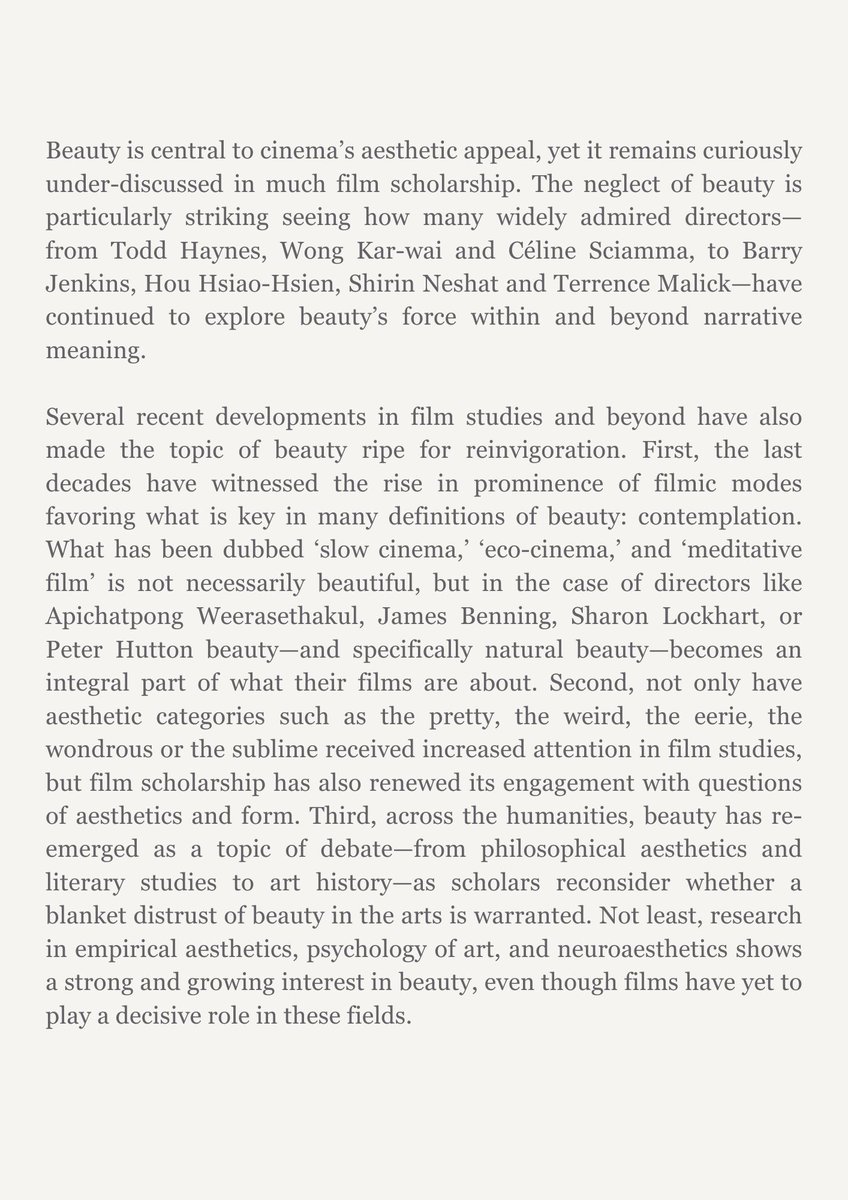groningenfilm's tweet photo. ‼️ CfP ‼️ 
Beauty is central to cinema’s aesthetic appeal, yet it remains curiously under-discussed in much film scholarship. This conference invites a renewed focus on beauty as an aesthetic and affective phenomenon. Submit your abstracts by September 1st &amp; be part of it! https://t.co/GlIfMMKeqc