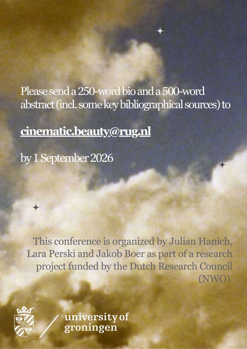 groningenfilm's tweet photo. ‼️ CfP ‼️ 
Beauty is central to cinema’s aesthetic appeal, yet it remains curiously under-discussed in much film scholarship. This conference invites a renewed focus on beauty as an aesthetic and affective phenomenon. Submit your abstracts by September 1st &amp; be part of it! https://t.co/GlIfMMKeqc