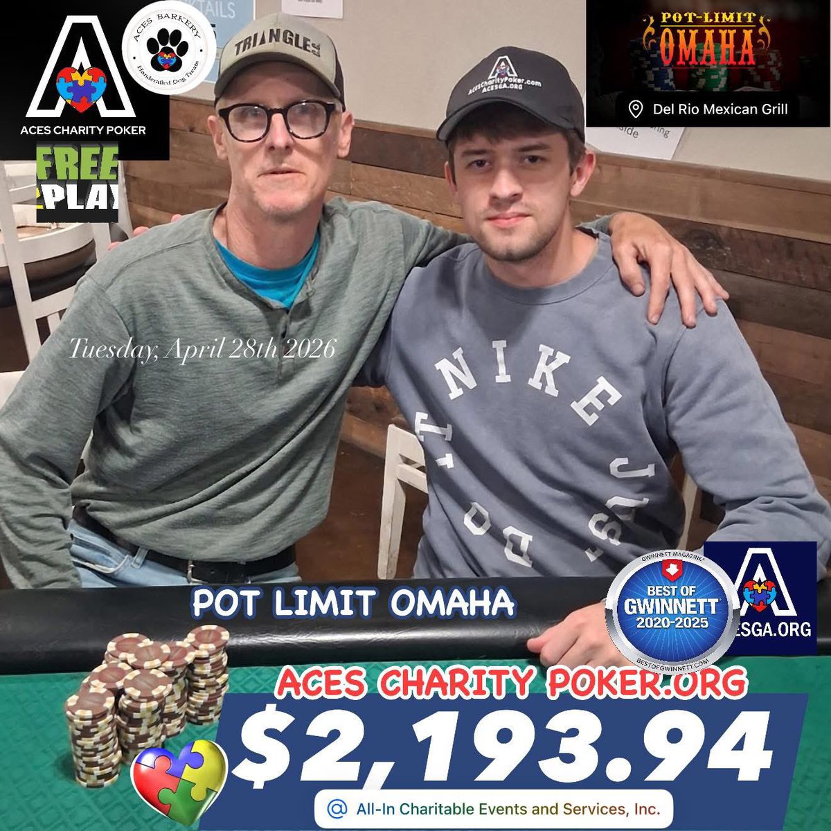 Acesofga's tweet image. Congratulations Chase for winning the ACEScharitypoker.org tournament on Tues., April 28th.  ACESGA.ORG is a 501(c)3 nonprofit dedicated to providing meaningful opportunities for autistic adults to maximize their potential! #AutismAwareness