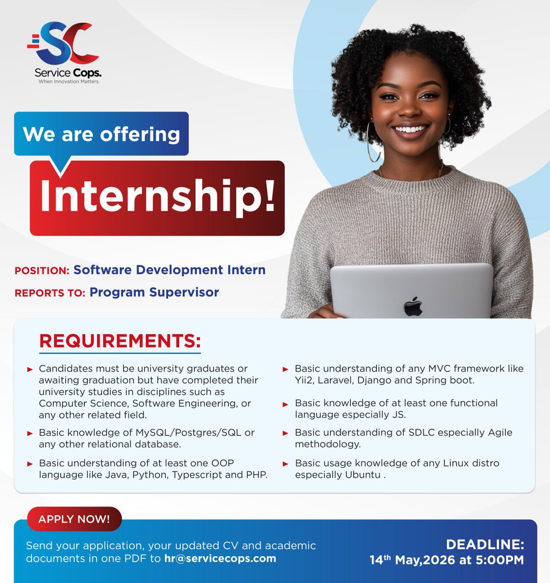 servicecopsug1's tweet image. Are you ready to kickstart your tech career? 

If you’ve got the basics in programming, databases, and frameworks, this is your chance to grow, learn, and build with us.

Apply now: hr@servicecops.com 

#internship #Servicecops