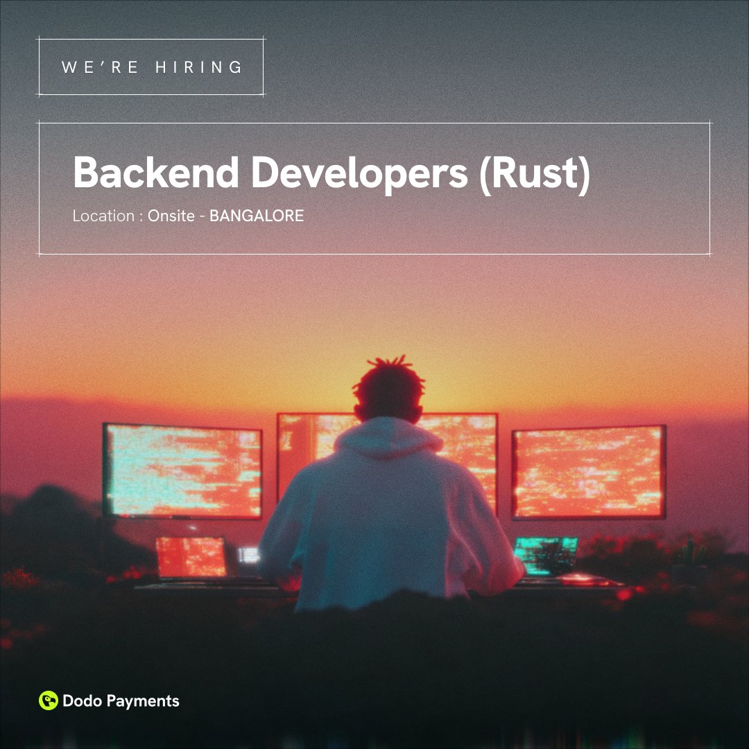 we're hiring backend engineers at <a href="/dodopayments/">Dodo Payments</a>

dodo is the billing and payments infrastructure for modern software. we process payments across 190+ countries. local payment methods, tax compliance, subscriptions, webhooks, payouts. all in rust.

based in bengaluru. 2-5 years