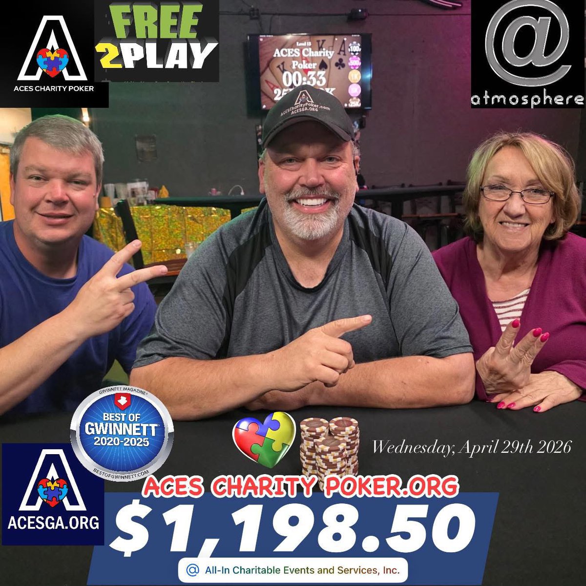 Acesofga's tweet image. Congratulations Chris for winning the ACEScharitypoker.org tournament on Wed., April 29th.  ACESGA.ORG is a 501(c)3 nonprofit dedicated to providing meaningful opportunities for autistic adults to maximize their potential! #AutismAwareness