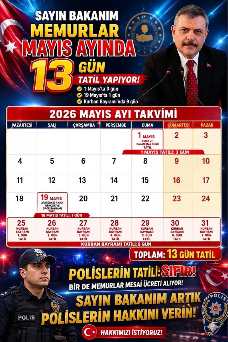 polissorunlar's tweet photo. Sn Bakanım @memetsimsek mayıs ayında #memur arkadaşlar 13 gün izin yapacak. Ve kamu tasarrufu dediğiniz #polis arkadaşlar mesai ek ücret almadan hepsinde çalışacak. Madem kamu tasarrufundayız ayın yarısında çalışmayanlara yarı maaş ödeyiniz. Devletimizin kamusal tasarrufa ihtiyacı varsa işe gitmeyenle giden aynı maaşı almamalıdır.
#hemşire #öğretmen #doktor #vaiz #mühendis