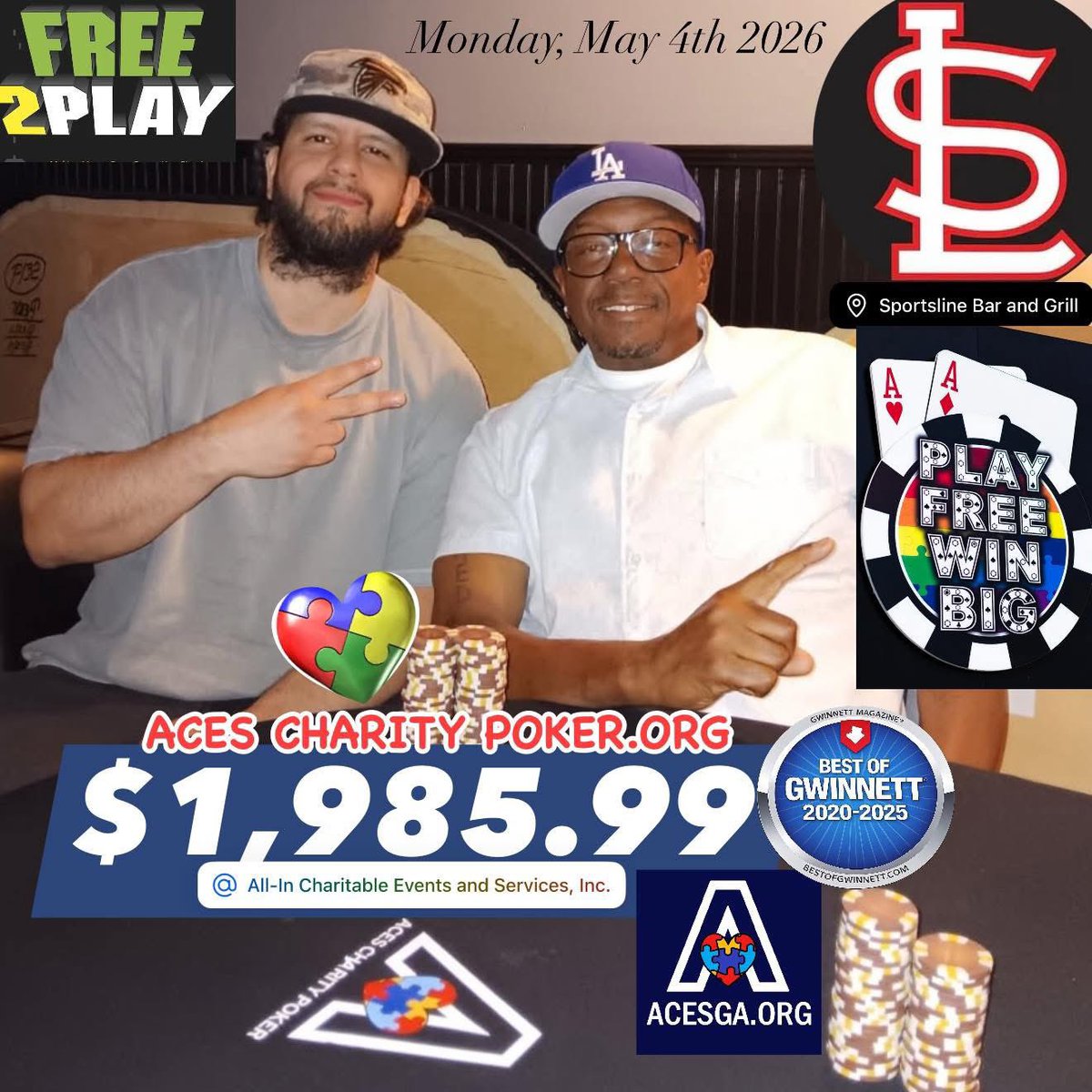 Acesofga's tweet image. Congratulations Freddie for winning the ACEScharitypoker.org tournament on Monday, May 4th.  ACESGA.ORG is a 501(c)3 nonprofit dedicated to providing meaningful opportunities for autistic adults to maximize their potential! #AutismAwareness