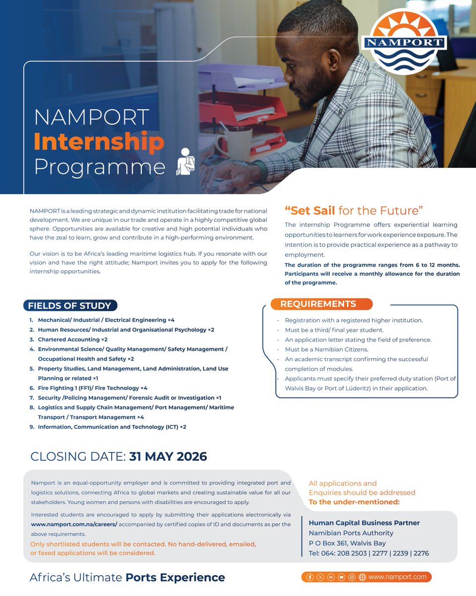NamibianPorts's tweet image. 🚢 Ready to set sail?

Namport is calling future talent to apply for:
⚙ Apprenticeships
🎓 Graduate Programme
📚 Internships
🚜 Port Equipment Operator Training

📍 Walvis Bay | LÜDERITZ
📅 31 May 2026

Apply 👉 namport.com.na/careers/

#Namport #Careers #Namibia