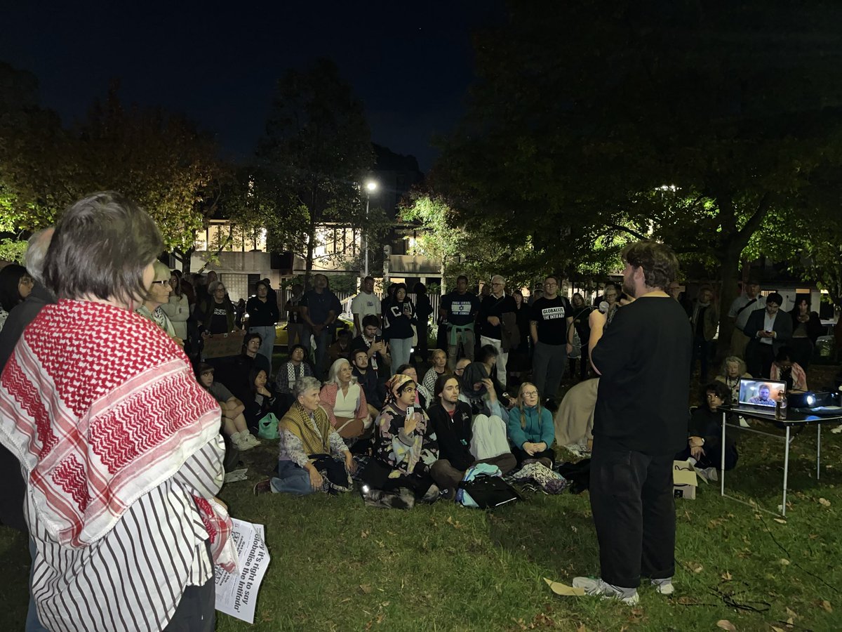 GreenLeftOnline's tweet photo. Ethan Floyd, a Wiradjuri, Ngiyampaa and Wailwan man & University of Sydney activist who participated in the #GlobalSumud flotilla to #Gaza addressing the #GlobaliseTheIntifada public meeting now in a park in #Redfern https://t.co/VBLWIOpzd6
