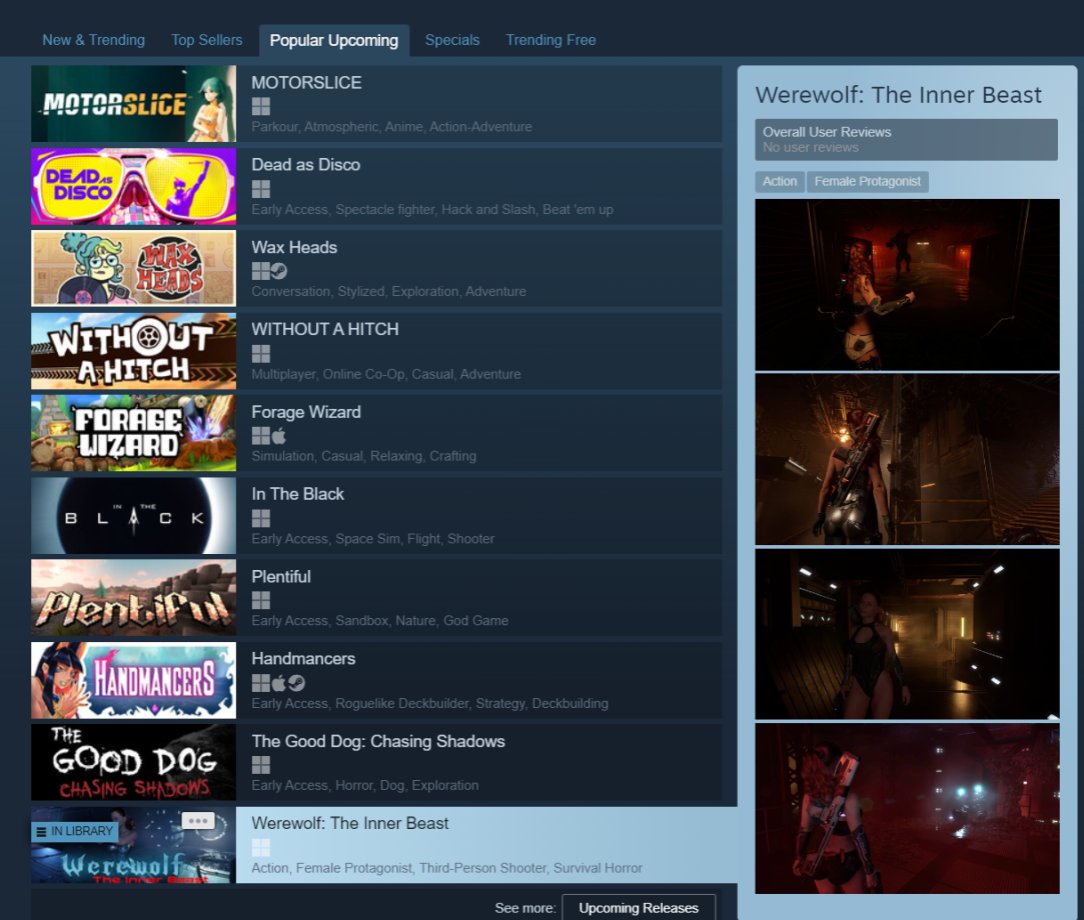 The_Inner_Beast's tweet photo. We’re on Steam’s Popular Upcoming 
On main page!!
😲

This doesn’t happen without you!  

May 6, let’s make it count.
https://t.co/pgCiDoaw0A

#scifi #horrorgame #survivalhorror #indiedev  #dev #indie #werewolf  #infected #space #thirdperson #popular #steam #wishlist