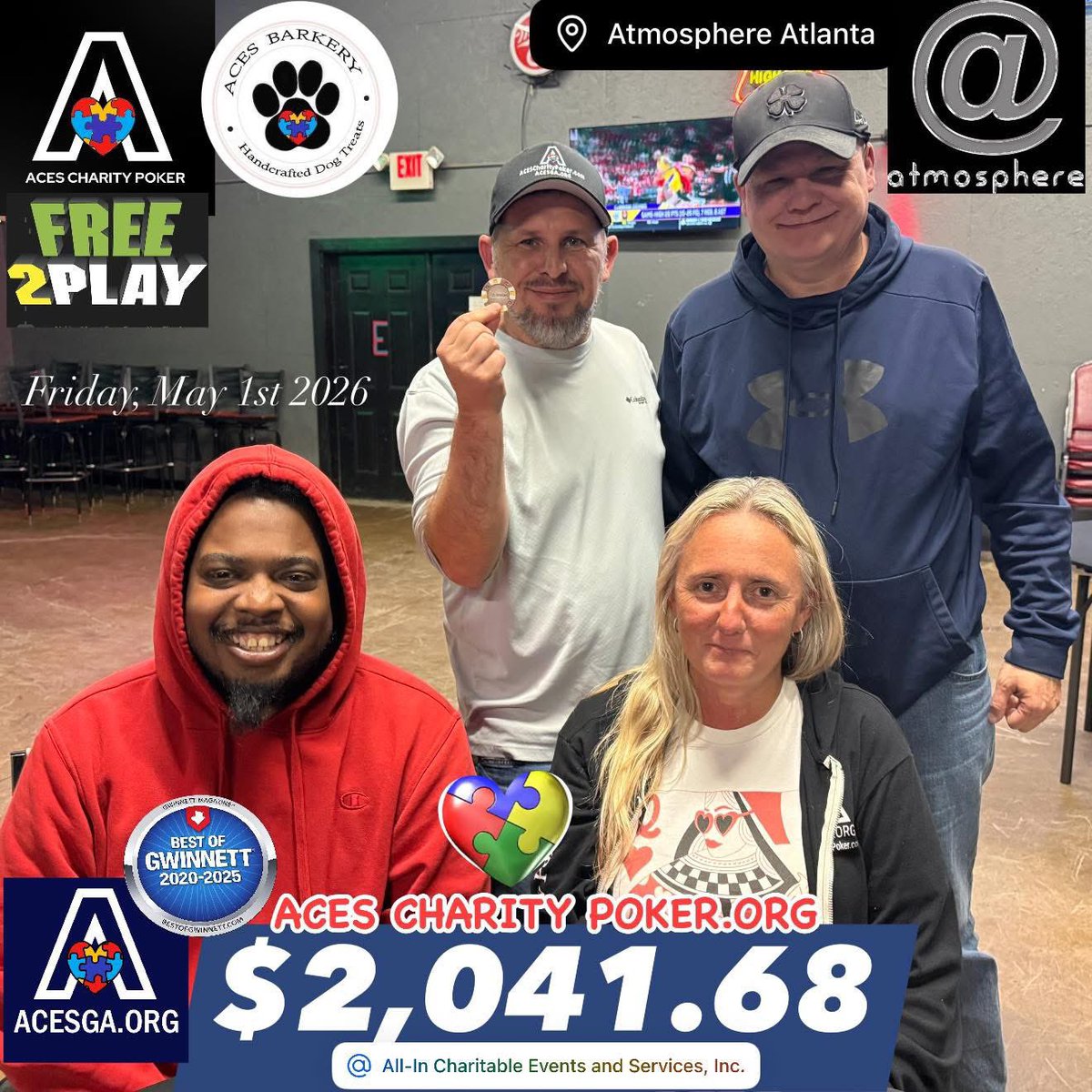 Acesofga's tweet image. Congratulations Matt for winning the ACEScharitypoker.org tournament on Friday, May 1st.  ACESGA.ORG is a 501(c)3 nonprofit dedicated to providing meaningful opportunities for autistic adults to maximize their potential! #AutismAwareness