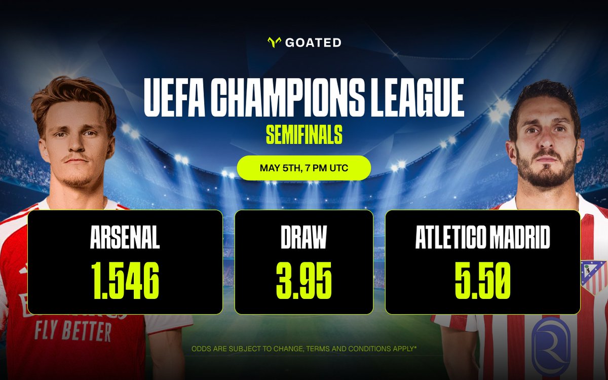 goatedcom's tweet photo. Arsenal or Atletico, who's securing their place in the UCL final? 🏆 ⚽️

Back your pick on the Goated Sportsbook.

We're giving away $50 to whoever correctly guesses the final match score.

RT and comment your predictions + Goated IDs below for a chance to be selected  👇 https://t.co/y7hIgibAL9