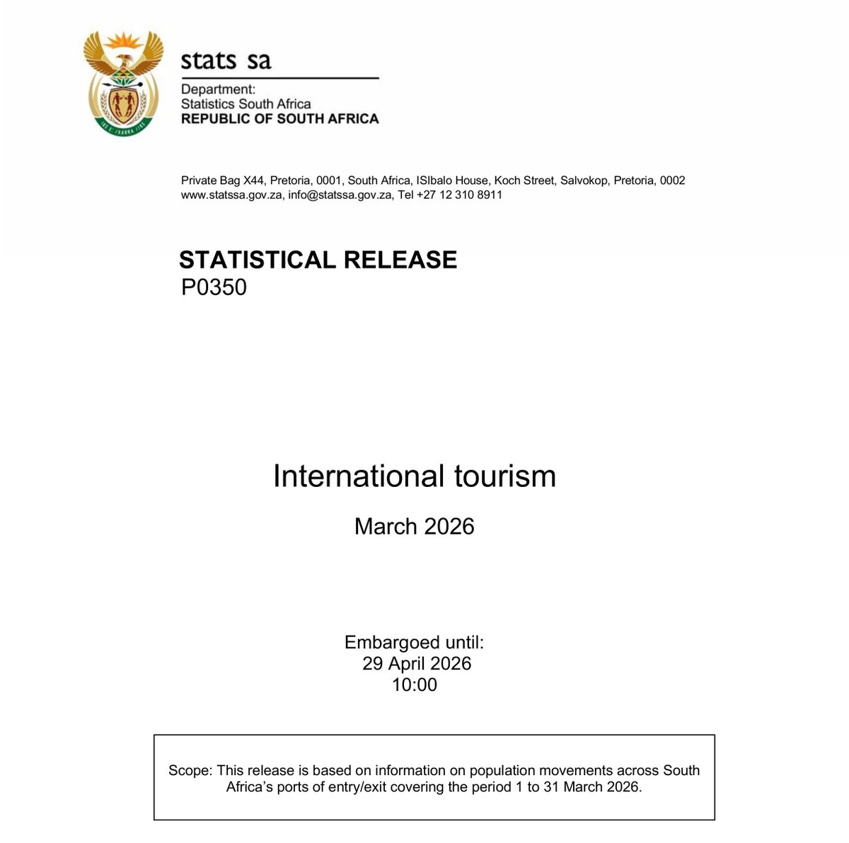 TBCZA's tweet photo. Statistics South Africa’s latest "International Tourism: March 2026" report shows a steady flow of travellers coming through South Africa’s ports of entry.

In March, South Africa recorded just over 900 000 overnight visitors, with about a quarter coming from overseas markets.

Growth from Brazil, Germany, and the United Kingdom points to continued interest from key long-haul markets, even in a tougher global economic environment.

With holiday travel still dominating, the data points to where the sector’s core strength lies: South Africa’s ability to offer something that holds up across markets and seasons.

Access the full report here: https://t.co/vJh7n9wFtu
#SouthAfrica #Tourism #Travel #TBCSA
