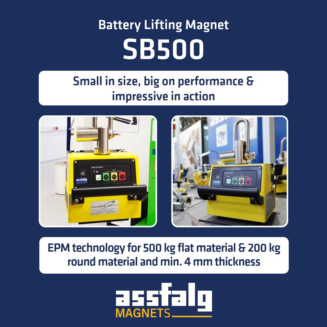 AssfalgMetal's tweet photo. The #SB500 Battery Lifting Magnet proves that true performance isn’t about size. As a flagship product, it excels in everyday industrial use thanks to its high lifting force, smart technology and maximum flexibility. #magnets #industry #lifting_solutions https://t.co/fLjS2v18ov