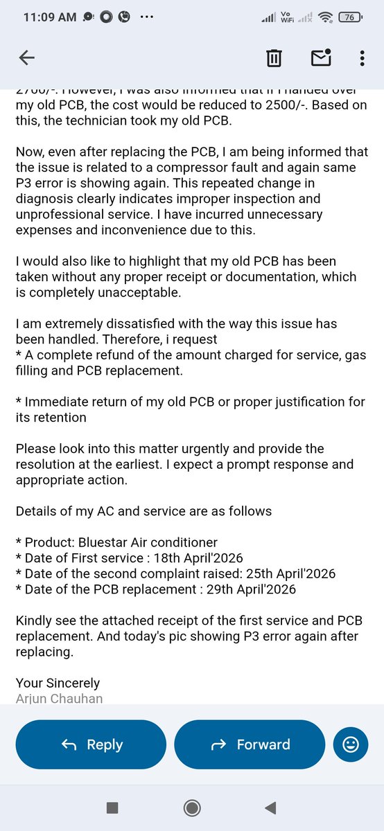 arjunchn780's tweet photo. @BlueStarCare Even your service head Rahul Raaj is not paying attention on this issue, hope you guys understand my problem. https://t.co/qpOm2Lhbu2