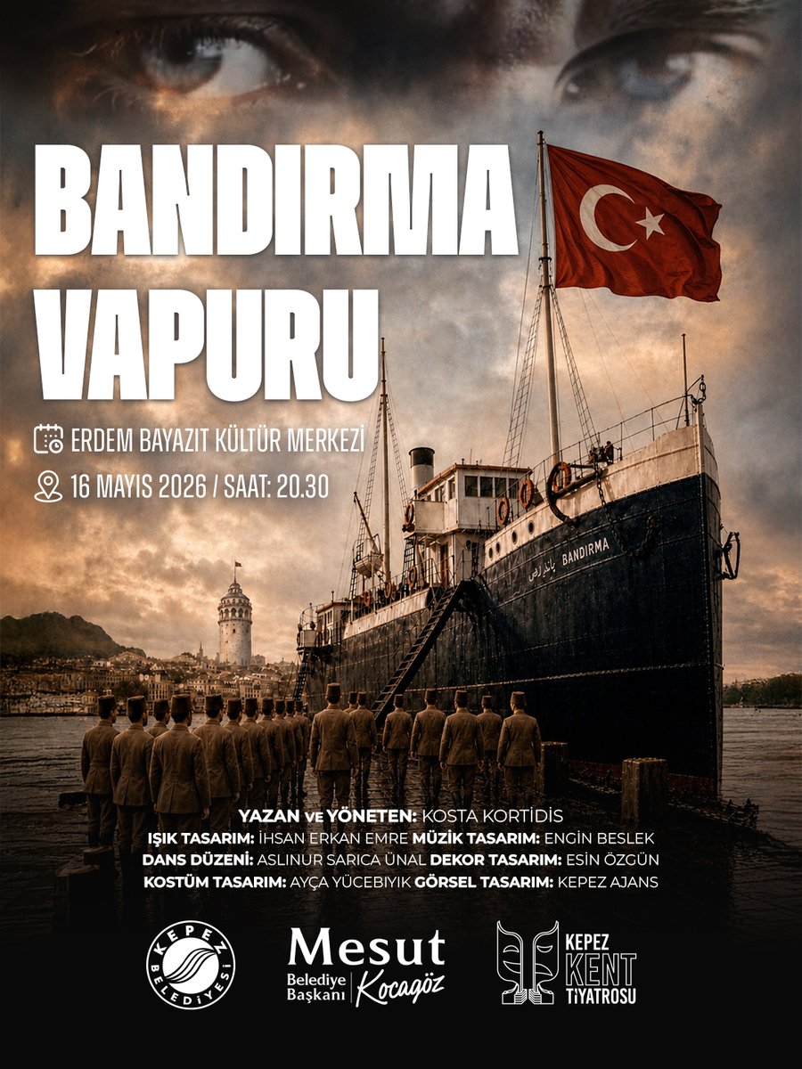 kepezbelediyesi's tweet photo. Bir milletin kaderini değiştiren yolculuğun adı: Bandırma Vapuru.

Kepez Kent Tiyatrosu, 16 Mayıs 1919’da İstanbul’dan Samsun’a uzanan bağımsızlık yolculuğunu sahneye taşıyor. Umudun, cesaretin ve inancın aynı rotada buluştuğu bu özel oyun; Cumhuriyet’e giden yolun ilk adımlarını tiyatronun güçlü anlatımıyla izleyiciyle buluşturuyor.

📍 Erdem Bayazıt Kültür Merkezi
🗓️ 16 Mayıs 2026
🕣 20.30

NOT: Oyunumuz ücretsizdir, REZERVASYON şarttır!
🌐 Rezervasyon için: https://t.co/IAOwaYHNtz