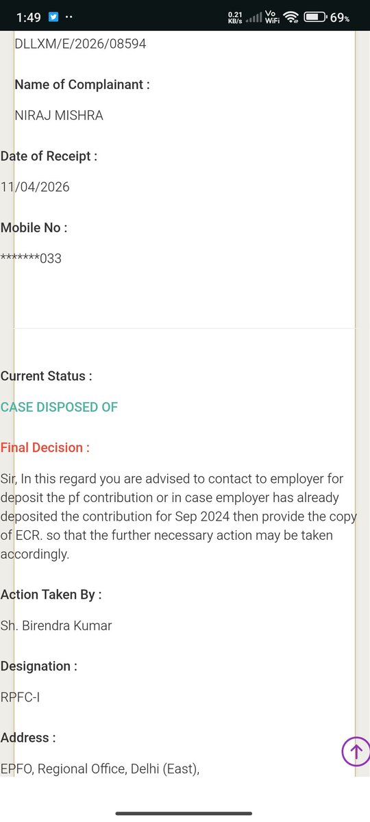 misra_jii's tweet photo. @officialepfo and the case is disposed of without any action against my employer and PF is not credited yet.

What is this ? My employer is not cooperating with us and you are asking us for a copy of ECR.

This is very disgusting 🤮. https://t.co/H0deme6czv