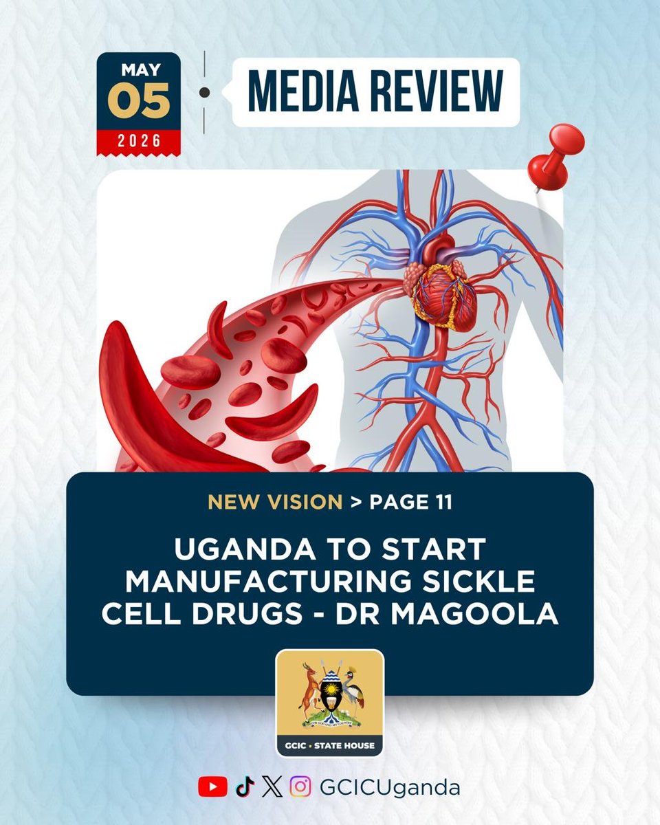 GovUganda's tweet photo. 𝐔𝐠𝐚𝐧𝐝𝐚 𝐭𝐨 𝐁𝐞𝐠𝐢𝐧 𝐋𝐨𝐜𝐚𝐥 𝐌𝐚𝐧𝐮𝐟𝐚𝐜𝐭𝐮𝐫𝐢𝐧𝐠 𝐨𝐟 𝐒𝐢𝐜𝐤𝐥𝐞 𝐂𝐞𝐥𝐥 𝐃𝐫𝐮𝐠𝐬

Uganda is set to commence local manufacturing of essential medicines for Sickle Cell Disease, a move expected to improve access, reduce costs, and strengthen the country’s pharmaceutical capacity to serve both domestic and regional markets. #GCICMediaReview
