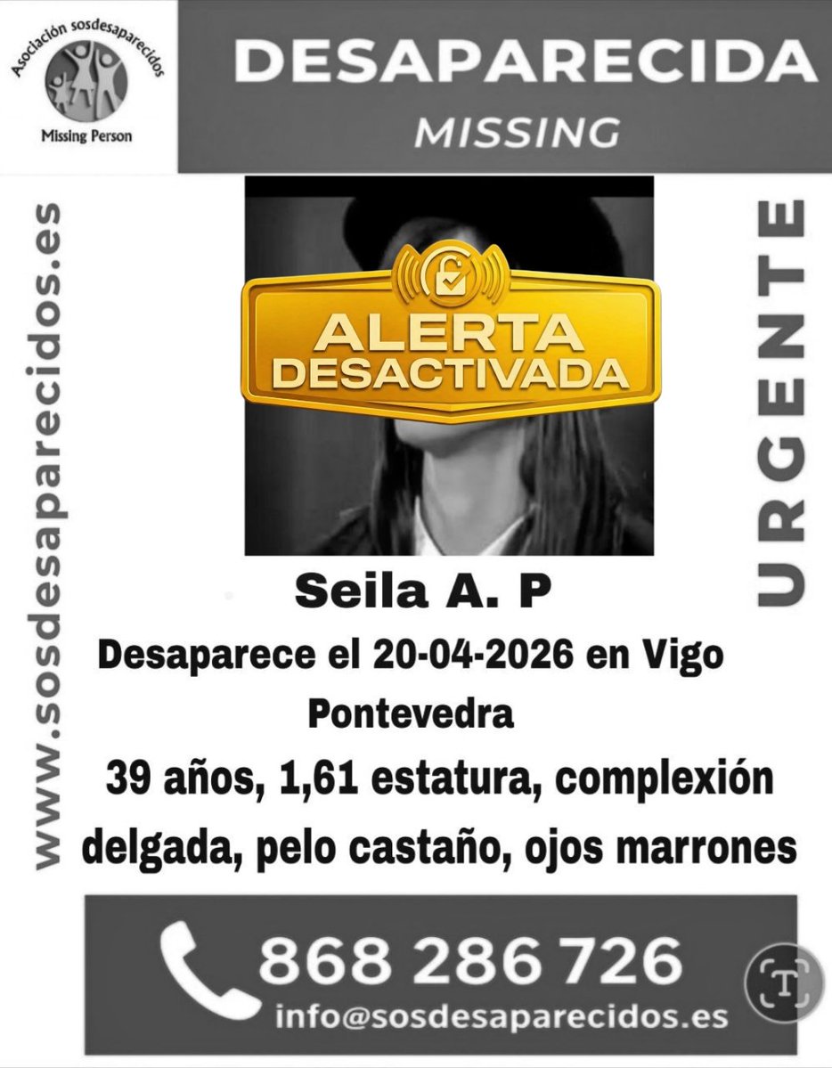 sosdesaparecido's tweet image. 🔕 DESACTIVADA
Sentimos informar que ha sido localizada sin vida y envíamos un fuerte abrazo a familia y amigos. 
#Desaparecido #Missing #España #sosdesaparecidos #Vigo #Pontevedra
Síguenos @sosdesaparecido
Fuente : sosdesaparecidos