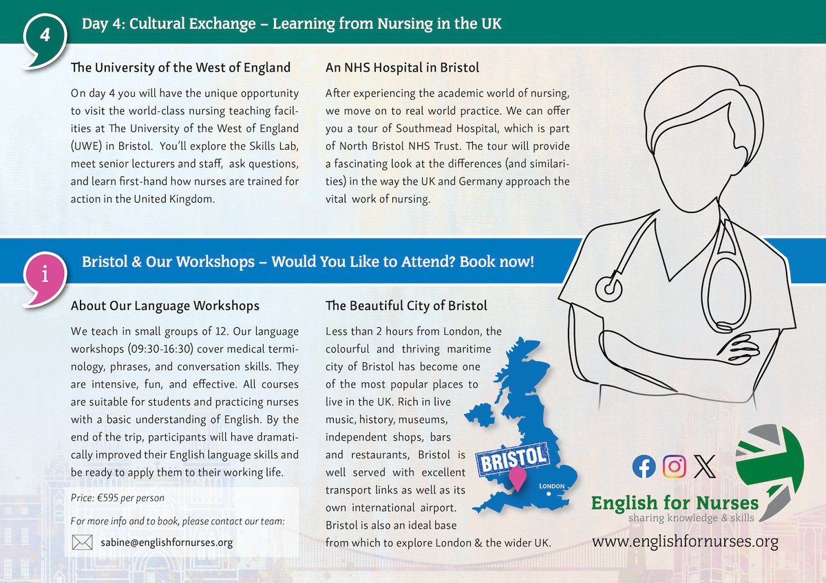EnglishforNurse's tweet image. We still have a few places available for this year's special language workshop and intercultural exchange for nurses, which will take place in Bristol between 9th and 12th November!

For more info or to book a place:   

sabine@englishfornurses.org

#nurse #nursing #LearnEnglish