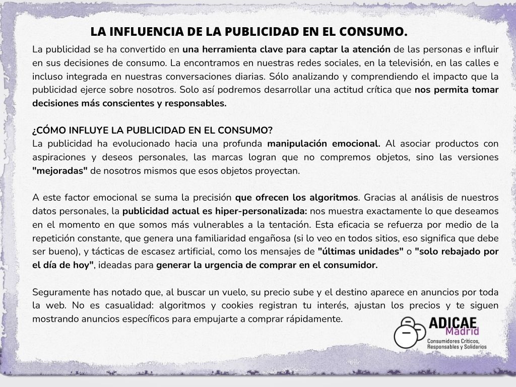ADICAEMadrid's tweet photo. Desde ADICAE Madrid te animamos a echar un vistazo a este artículo sobre cómo la publicidad influye en lo que consumimos. Además, encontrarás consejos útiles y fáciles de aplicar para plantarle cara con sentido crítico.

¡Infórmate, cuestiona y decide con libertad! https://t.co/qlUhg9gzFJ