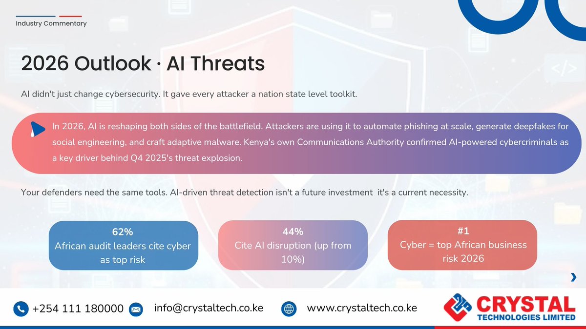 That email from your boss? Perfect tone. Real urgency. Fake. Welcome to 2026. AI is making scams indistinguishable. No more “obvious” red flags… just smarter attacks.

Is your team ready?
📩 Academy@crystaltech.co.ke  | Support@crystaltech.co.ke
#AI #Cybersecurity #scams
