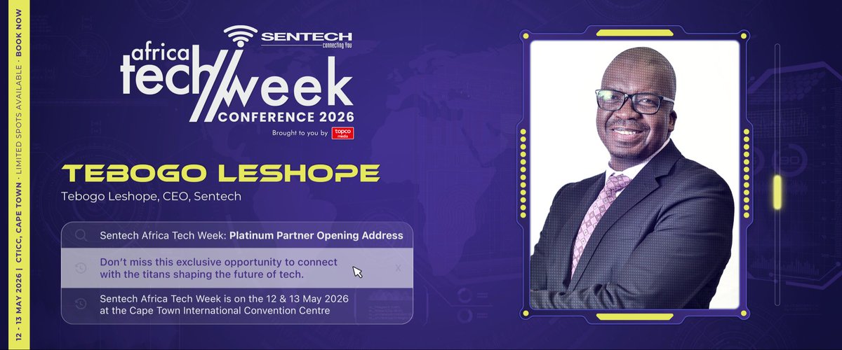 SentechLtd's tweet photo. CEO of @SentechLtd, @TLeshope will be setting the tone for Africa’s digital future—connectivity, infrastructure, and scale with 25+ years shaping SA’s telecom landscape.
 
🎟️ Join: https://t.co/lp9T3jjV3B
 
#SentechAfricaTechWeek #DigitalTransformation #Telecommunications https://t.co/eGL5UU5wfw