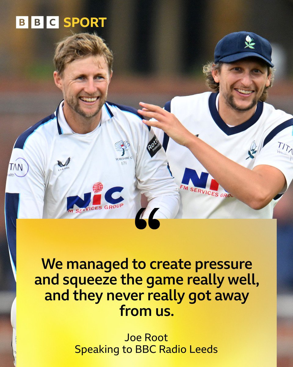 BBCWYS's tweet image. Joe Root praises Yorkshire's game management as they fight back to beat Somerset by 75 runs at Taunton. 

Full interview @BBCSounds: bbc.in/4umxom6

#YCCC | #BBCCricket