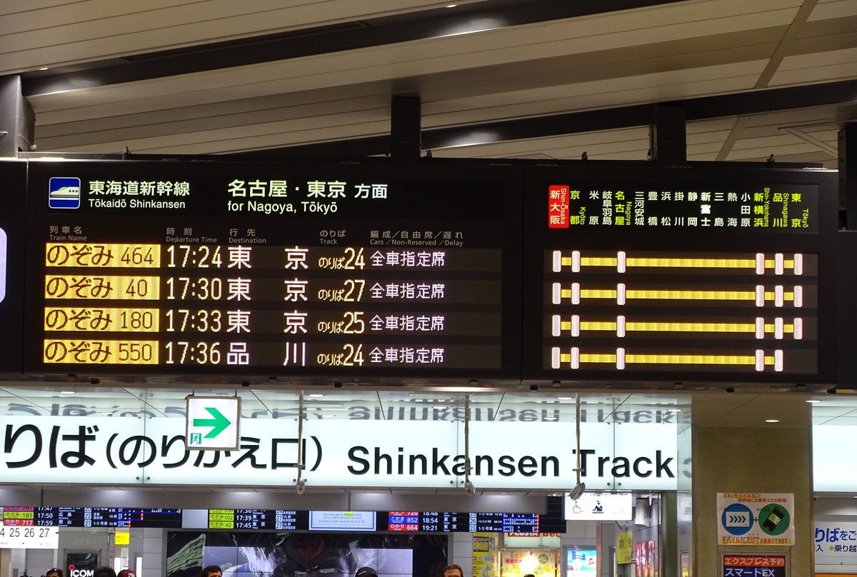 のぞみ550号品川行きは、先ほど新大阪を発車。
品川行きの新幹線は今年から新たに設定されたもの。
新大阪駅発車標での品川行き表示は、本日のこの列車が初となりました。