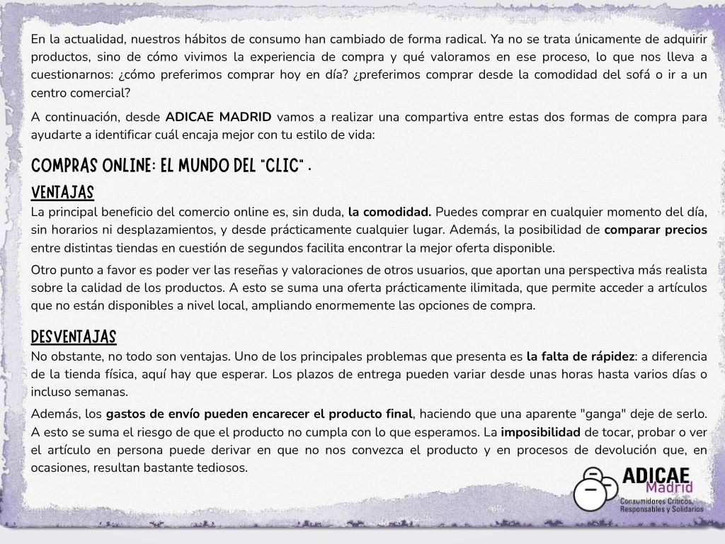 ADICAEMadrid's tweet photo. ¿Prefieres comprar online o en tienda física?

En este artículo analizamos las principales diferencias, ventajas y desventajas de cada opción para ayudarte a elegir mejor.

Léelo y descubre qué alternativa se adapta más a ti. https://t.co/kBfdZ35n9V