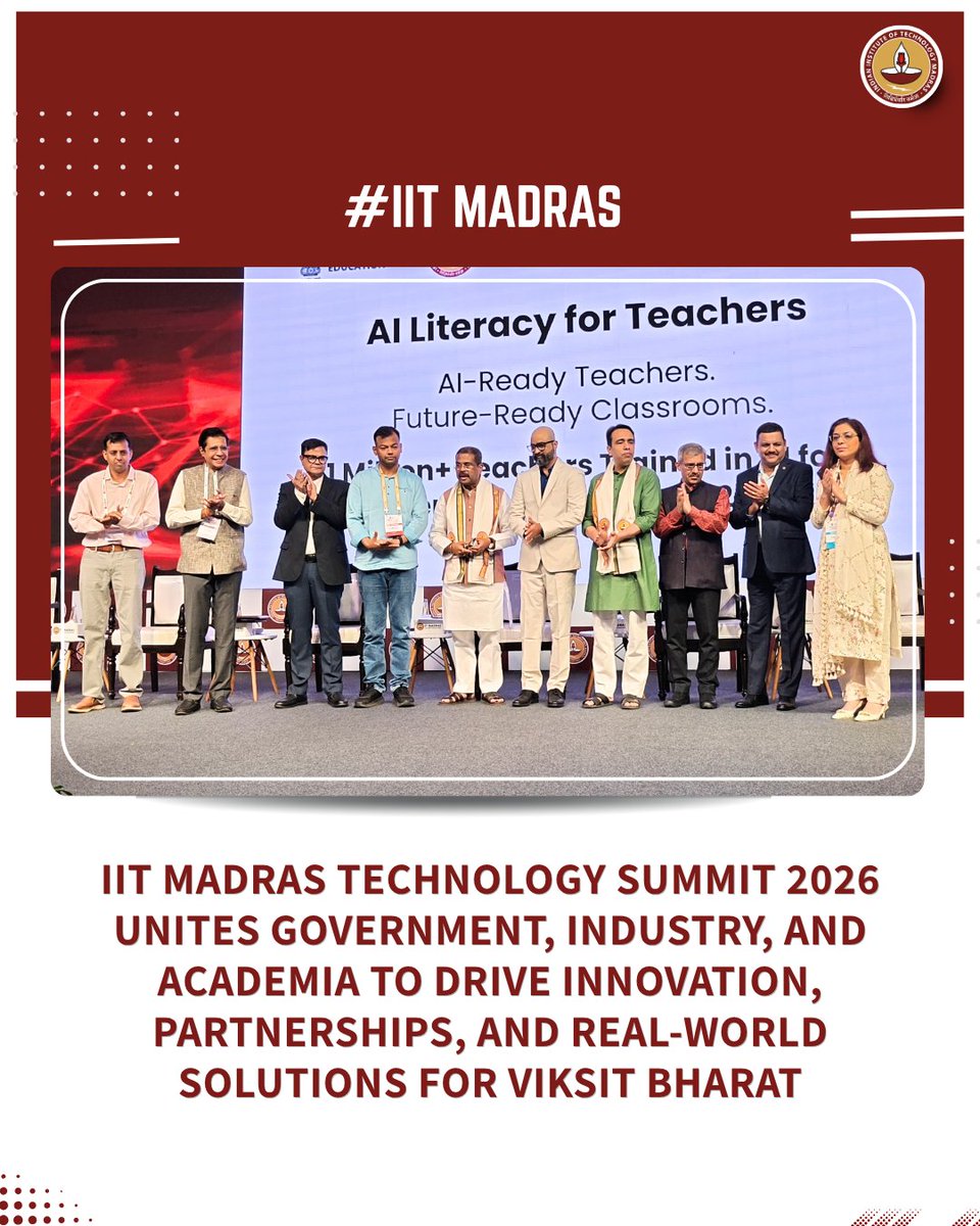 iitmadras's tweet photo. Big ideas. Bold collaborations. A shared vision for Bharat 

Shri Dharmendra Pradhan ji, Hon’ble Minister of Education, Govt of India, inaugurated IIT Madras’ first-ever Technology Summit 2026 at Bharat Mandapam, New Delhi. Held under the theme “From IITM. For Bharat. Building Together,” the summit brought together leaders from government, industry, and academia to spark conversations that matter.

From cutting-edge research and Centres of Excellence to exciting new partnerships with NTPC, BPCL, and HSBC—this summit was all about turning ideas into real-world impact.

With a strong push towards innovation, collaboration, and nation-building, IIT Madras continues to shape technologies that drive India forward.

The future isn’t just imagined here; it’s being built.  

@iitmadras @dpradhanbjp @EduMinOfIndia @jayantrld 

#IITMadras #TechnologySummit2026 #ViksitBharat #InnovationIndia