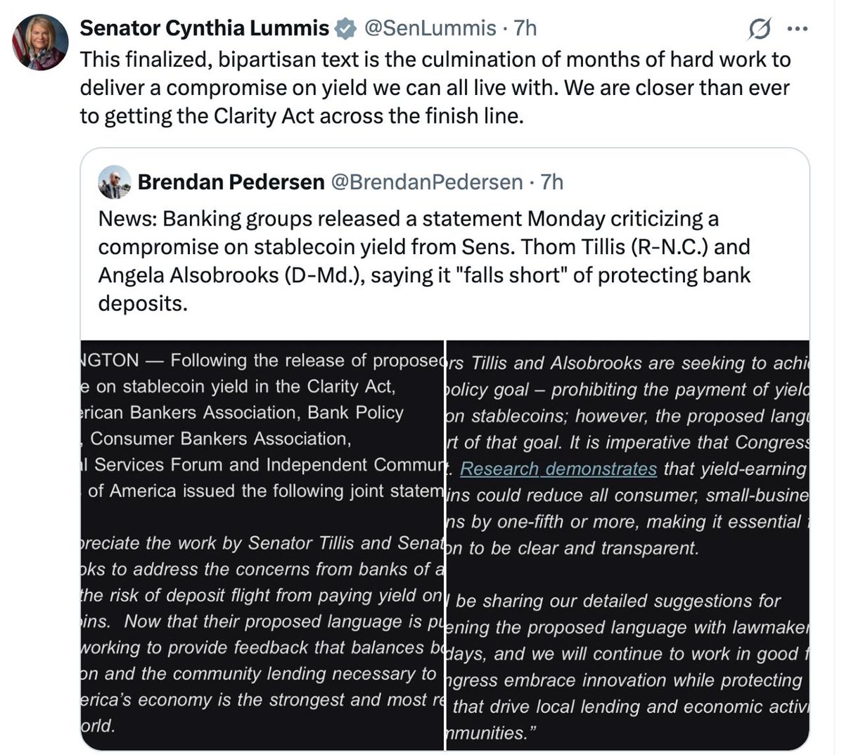 Bitcoinprof0637's tweet image. BULLISH 🚀

🇺🇸 Senator Cynthia Lummis confirms:

BIPARTISAN AGREEMENT on stablecoin yield is DONE.

The CLARITY Act is now closer than ever to the finish line.

Regulatory clarity is coming.
The next wave is loading.

#Bitcoin #Crypto #Stablecoins