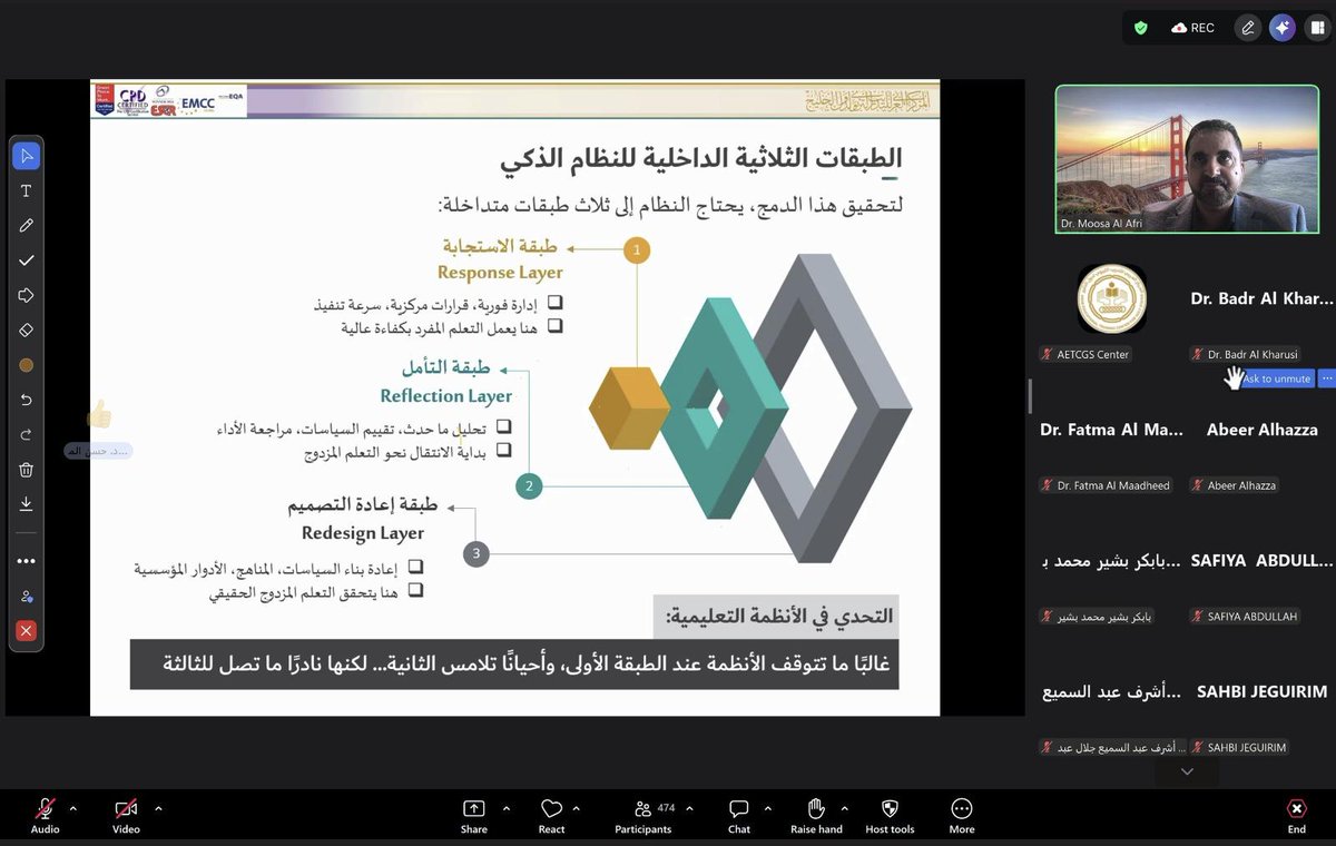 aetcgs's tweet photo. نظم المركز العربي للتدريب التربوي لدول الخليج أمس الإثنين 4 مايو 2025، ندوته الافتراضية الثالثة من سلسلته حول التعليم في أوقات الأزمات، وجاءت هذه المرة بعنوان: "التعلّم من الأزمات في القطاع التعليمي: من استمرارية التعليم إلى إعادة تشكيل التعلّم"، ونقلت الندوة مشاركيها بعد قيادة الأزمة والتعافي منها إلى توظيف الأزمات وتحويلها إلى فرص للتعلم المؤسسي عبر تفعيل الذاكرة التنظيمية، وتطوير سياسات تعليمية مبتكرة قائمة على البيانات، بما يسهم في بناء أنظمة تعليمية مرنة ومستدامة.

افتتح الندوة سعادة الدكتور بدر بن حمود الخروصي، وكيل وزارة التربية والتعليم بسلطنة عُمان، وأدارتها سعادة الدكتورة فاطمة غانم المعاضيد، مدير المركز، وقدم عرضها الرئيسي د. موسى العفري، الأستاذ المشارك في الإدارة العامة والحوكمة بمعهد الدوحة للدراسات العليا.

حظيت الندوة بمشاركات واسعة من القيادات والمتخصصين التربويين في دول الإقليم والدول العربية،واختُتمت بنقاشات تفاعلية أثمرت عن توصيات استراتيجية تركّز على إعادة تصميم السياسات التعليمية، وتعزيز التحول الرقمي، وتنمية رأس المال البشري، بما يدعم بناء اقتصاد معرفي قادر على مواجهة الأزمات.