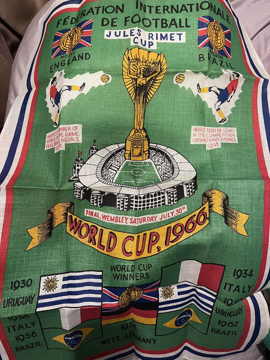 collectfootball's tweet image. It’s washing up time, here is a superb 1966 World Cup football final Wembley tea towel I wonder how many people used theirs back in the day #worldcup #wembley #england #football #futbol