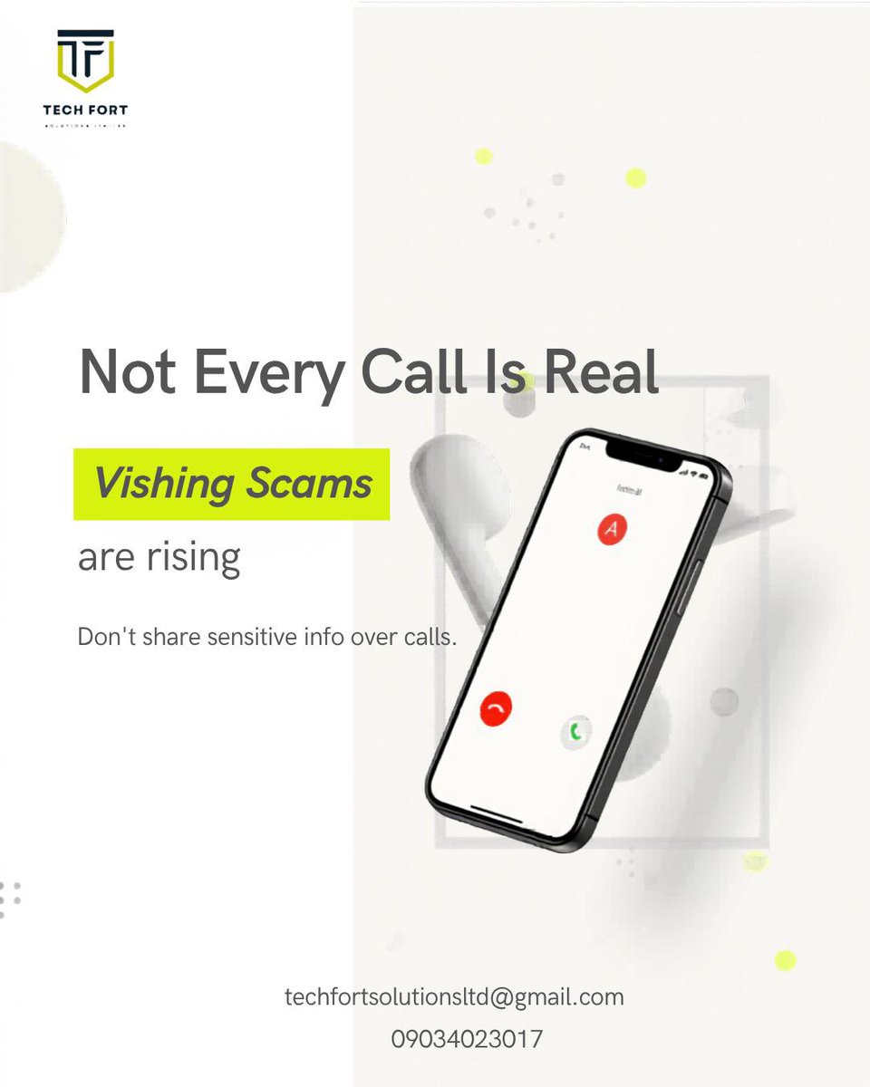 techfortsolutn's tweet image. That “urgent” call from your bank might be a scam.

Vishing uses phone calls to trick you into giving away sensitive info.

Don’t share OTPs or details over calls. Verify first.

Learn how to stay protected → shorturl.at/ktBZI

#Cybersecurity #TechTips