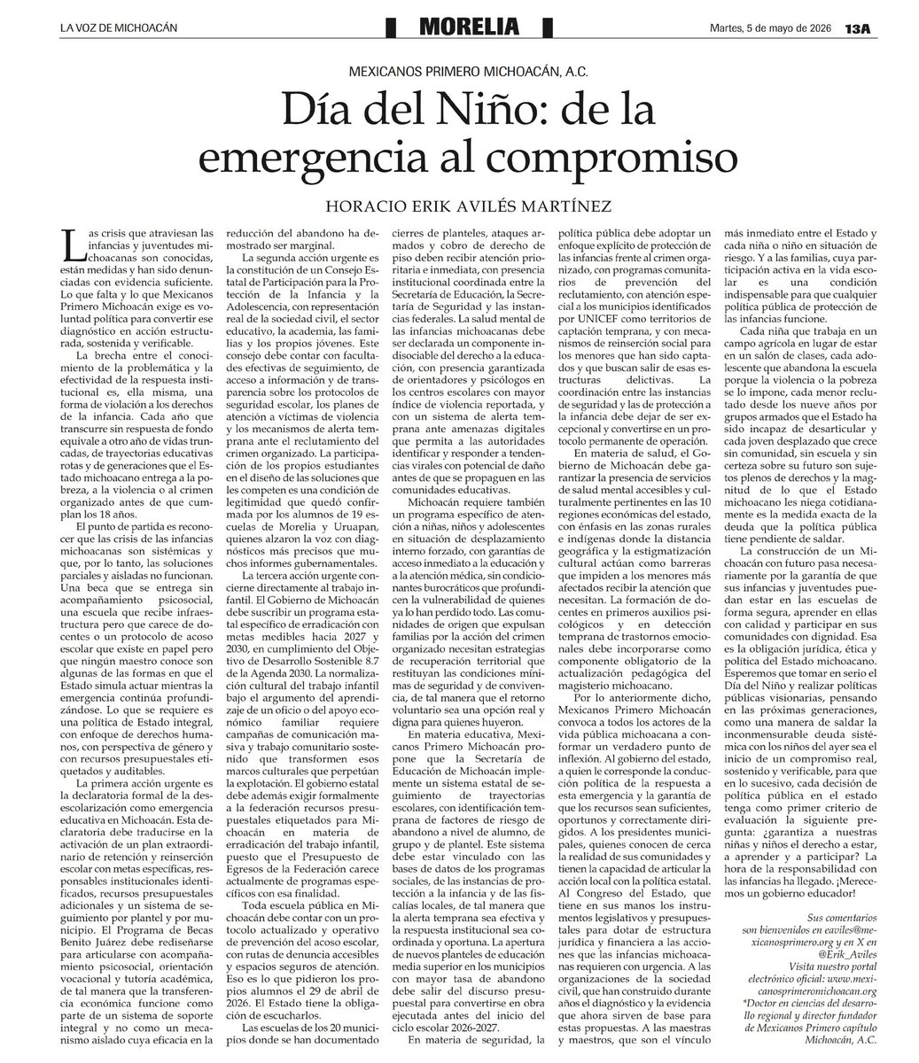 erik_aviles's tweet photo. Actuar ante la crisis en que se encuentra la niñez en Michoacán es demostrar responsabilidad y compromiso. https://t.co/V2R1UOuyYy