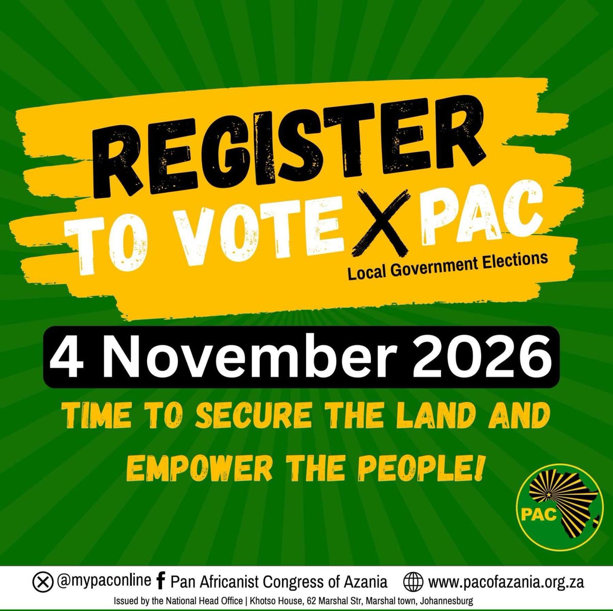MyPAConline's tweet photo. 🖐🏿🔥 20–21 June is Around the Corner!

Ensure that you, your friends, your neighbours and your entire community is registered and ready to vote PAC on the 4th of November 2026 Local Government Elections. This is the moment to stand up, take responsibility and shape the future of our communities.

The PAC is ready to secure the Land of Azania and empower the people, driving real change towards a better, dignified lifestyle for all. The time is now. The power is in your hands.