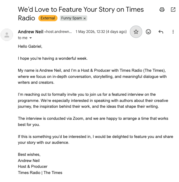 GFarrellWriter's tweet photo. #SelfPublishingSpamoftheWeek already??

Andrew Neil being desperate to interview me about my not-yet-released, self-published debut fantasy novel is quite amusing to me, not sure exactly why.

Anyone had any too-good-too-be-true offers this week?

#SelfPublishing #IndieAuthor https://t.co/AgcoK9vXzd