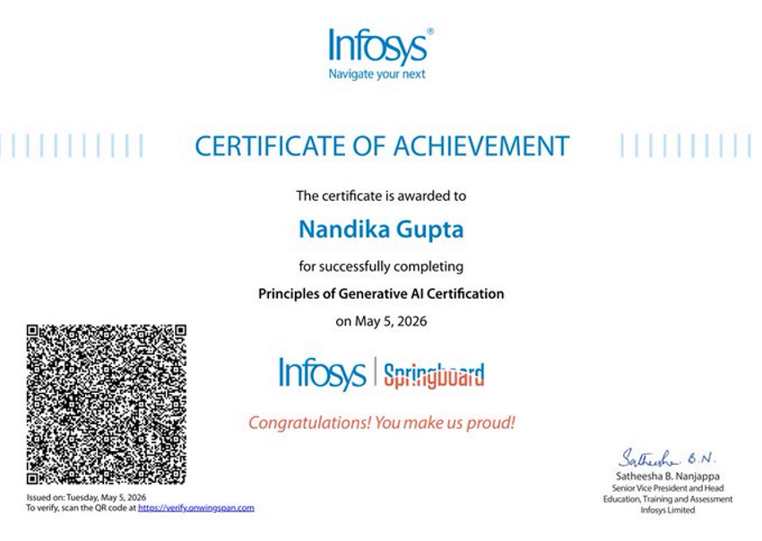 nandikagupta2's tweet photo. Pleased to share that I have successfully completed all the modules of the Infosys Springboard Virtual Internship 7.0 - Artificial Intelligence Track! This experience strengthened my understanding of AI and its real-world applications.
@InfySpringboard #AI #InfosysSpringboard https://t.co/Xv8st59rRM