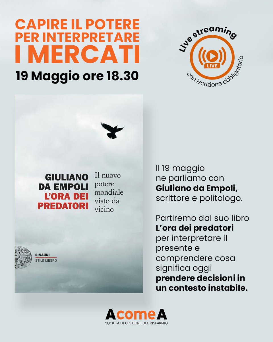 AcomeA_SGR's tweet photo. Il potere non segue le regole. Le cambia.

Capirlo oggi significa anche leggere i mercati.

Il 19 maggio con Giuliano da Empoli. @giulianode 

https://t.co/9JMkv9BM9A

#AcomeASGR https://t.co/OeJY1HPJSc
