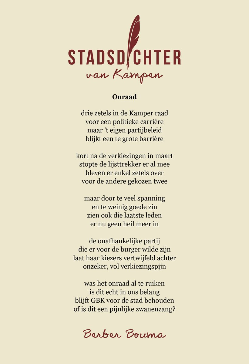 BerberBouma's tweet photo. Naar aanleiding van het vertrek van alle(!) raadsleden van Gemeente Belang Kampen schreef ik het stadsdichtergedicht 'Onraad'. Het staat vandaag in Weekblad de Brug / @Brugnieuws. https://t.co/Tx9SrTn9eP