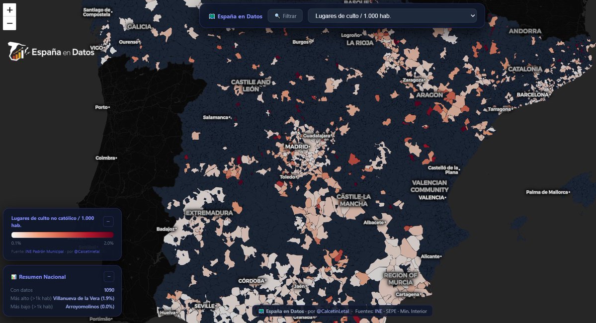 Lo prometido es deuda.

Nuevo mapa: lugares de culto no católicos por municipio 🕌🕍⛪
Para cada municipio muestro:

📍 Cuál es la confesión no católica dominante (evangelismo, islam, etc)
📊 Cuántos lugares de culto hay por cada 1.000 habitantes
¿Qué tenéis en vuestro municipio?