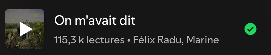 100k sur Spotify pour "On M'avait Dit" ce banger 🤍 #Marine #FelixRadu open.spotify.com/track/5eLCbYvj…