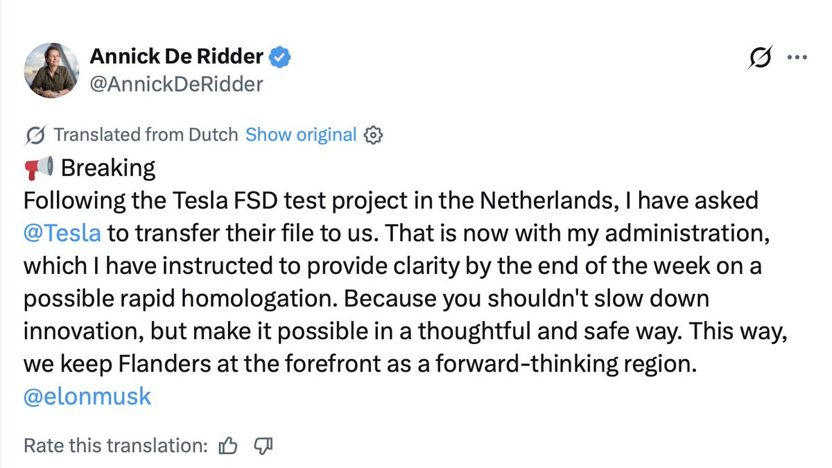SawyerMerritt's tweet photo. Looks like @Tesla's FSD is getting closer to approval in parts of Belgium!

Flemish Minister of Mobility Annick De Ridder (below) has officially asked Tesla to submit its FSD file to the Flemish administration, with instructions to provide clarity on a possible fast-track homologation by the end of the week.

As expected, the approval in the Netherlands from the RDW is resulting in other areas of Europe speeding up their own approval process/considering approval. The RDW is presenting to EU countries today on FSD and why they approved it.