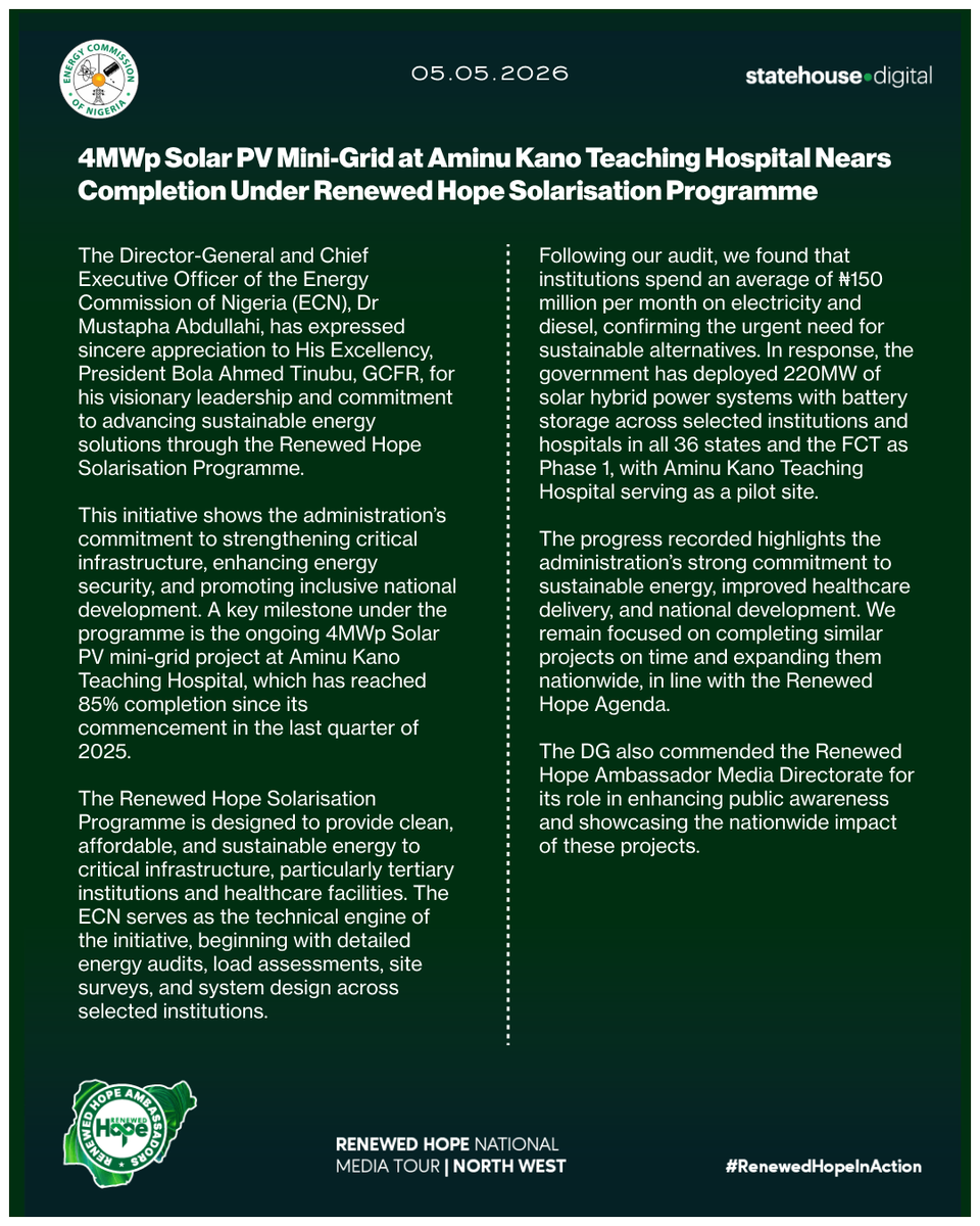 NGRPresident's tweet photo. 4MWp Solar PV Mini-Grid at Aminu Kano Teaching Hospital Nears Completion Under Renewed Hope Solarisation Programme.

@Energygovng 

#RenewedHopeAgenda 
#PresidentTinubu 
#StatehouseDigital 
#RenewedHopeInAction https://t.co/zYuJIUprZa